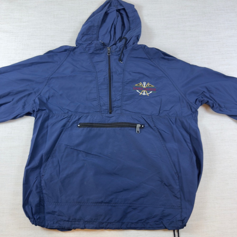 Vintage Lake Tahoe Navy Blue Half Zip Hooded Windbreaker Pullover Jacket Mens XL